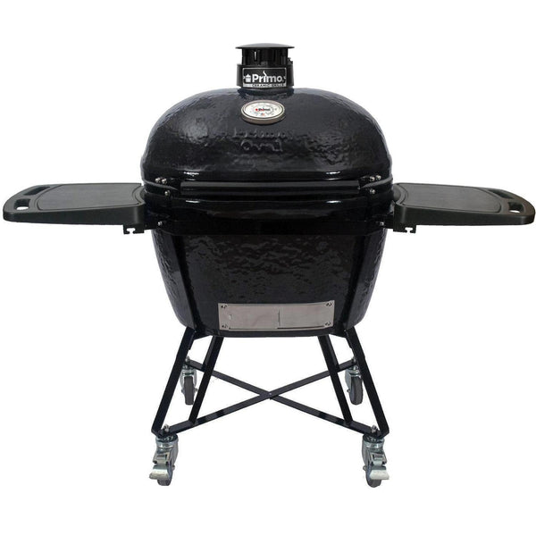 Primo All-In-One Oval XL 400 Ceramic Kamado Grill With Cradle, Side Shelves, And Stainless Steel Grates - PGCXLC