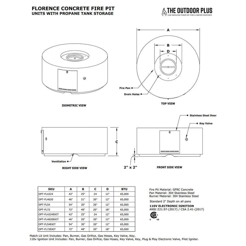 42" Florence Concrete Fire Pit - 24" Tall - OPT-FL4224