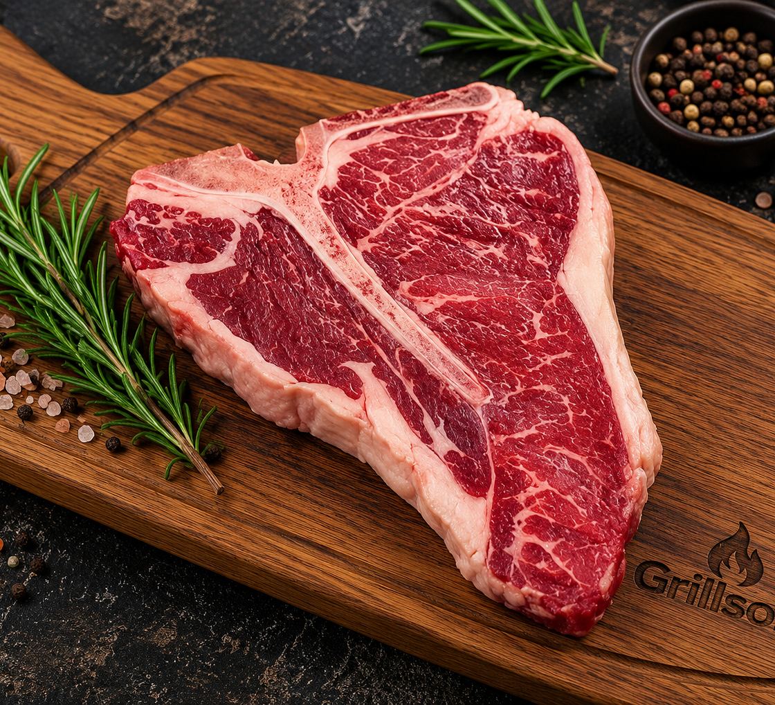 A T-bone steak on the Grillsons board, ready for the coals