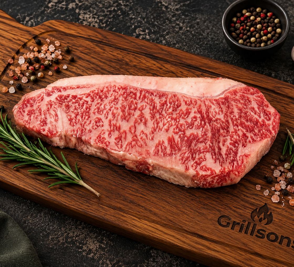 A marbled wagyu striploin on the Grillsons board, ready for the coals